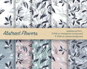 May include: A set of 10 seamless patterns featuring abstract floral designs in shades of blue and gray. The patterns are available in both PNG and JPEG formats. The text "Abstract Flowers" and "seamless pattern 5 PNG on transparent background 5 JPEG on colored background" is displayed on a wooden background.