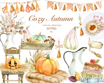 Op de afbeelding: Waterverf illustraties van herfstachtige elementen, waaronder pompoenen, pompoenen, bladeren, een houten kist, een stoel, een kan, een bord met een taart en een stapel dekens. De tekst "Cozy Autumn" en "30 PNG files" is ook inbegrepen.