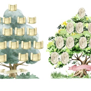 May include: Two watercolour illustrations of family trees. The first tree has green leaves and brown branches with beige scrolls for leaves. The second tree has green leaves and brown branches with brown wood slices for leaves. Both trees have a white ribbon at the bottom.