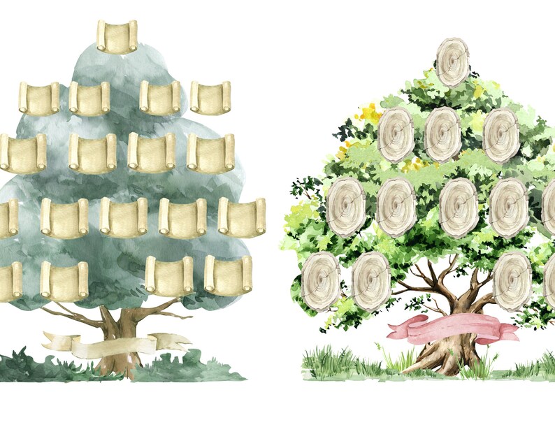 May include: Two watercolour illustrations of family trees. The first tree has green leaves and brown branches with beige scrolls for leaves. The second tree has green leaves and brown branches with brown wood slices for leaves. Both trees have a white ribbon at the bottom.