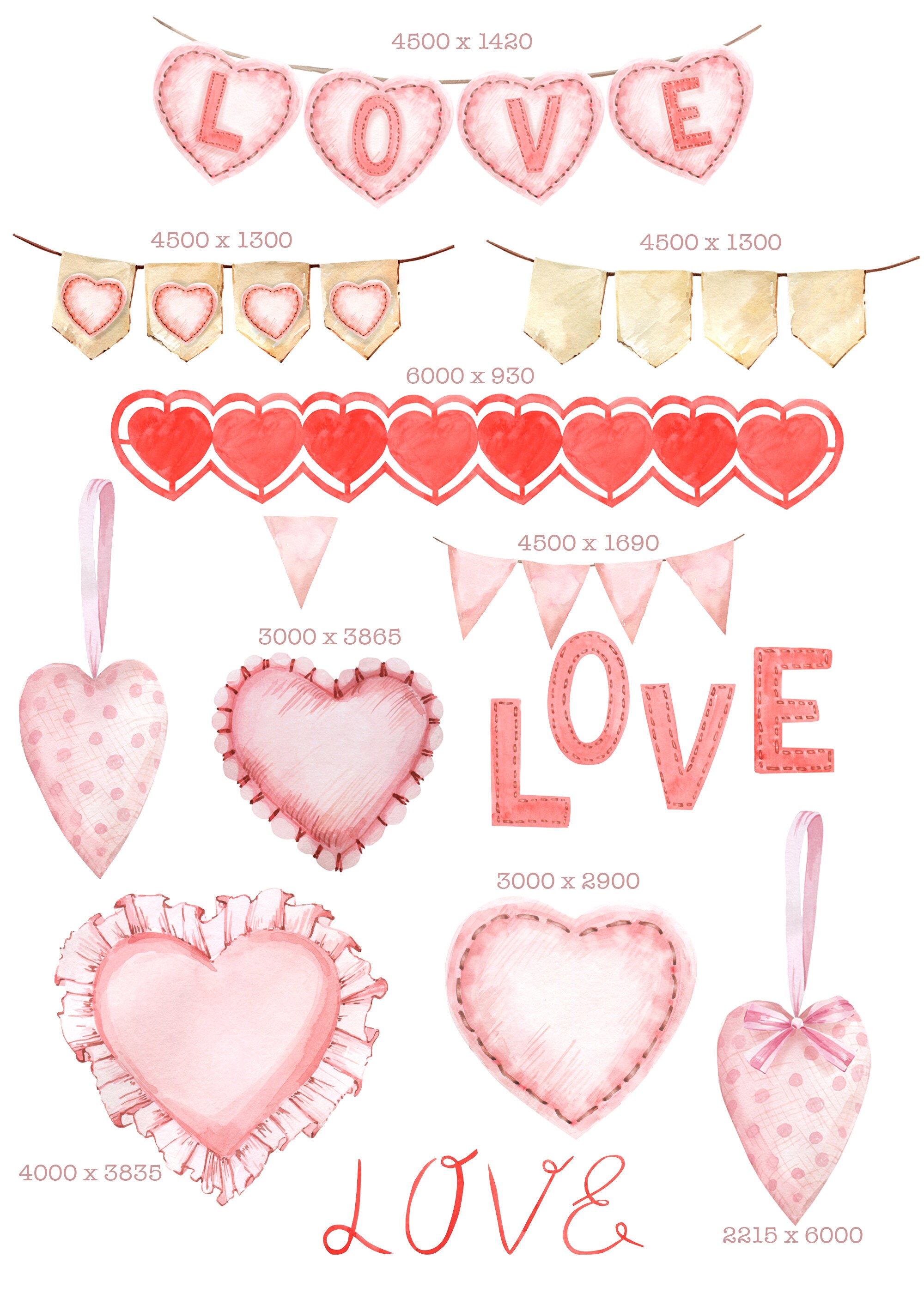 Watercolor Valentine's Day Clipart Red Heart Garland - Etsy