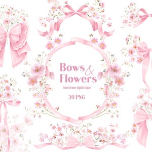 May include: Digital clipart of pink bows and flowers. The image includes various arrangements, such as bows with ribbons, floral bouquets, and a circular frame with the text "Bows & Flowers". The design is delicate and feminine.