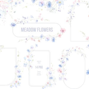 Imágenes prediseñadas de flores silvestres neutras en acuarela, marcos de flores de pradera PNG, flores elegantes rosas y azules, coronas y bordes botánicos, PNG de boda