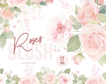 Watercolor pink roses border, Watercolor Blush Roses Clipart, Blush pink flowers clipart, Dusty Rose & Blush Wedding Clipart, Roses Clipart