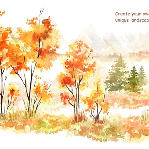 Op de afbeelding: Waterverf schilderij van een herfstlandschap met bomen, bergen en de tekst "Maak je eigen unieke landschap".