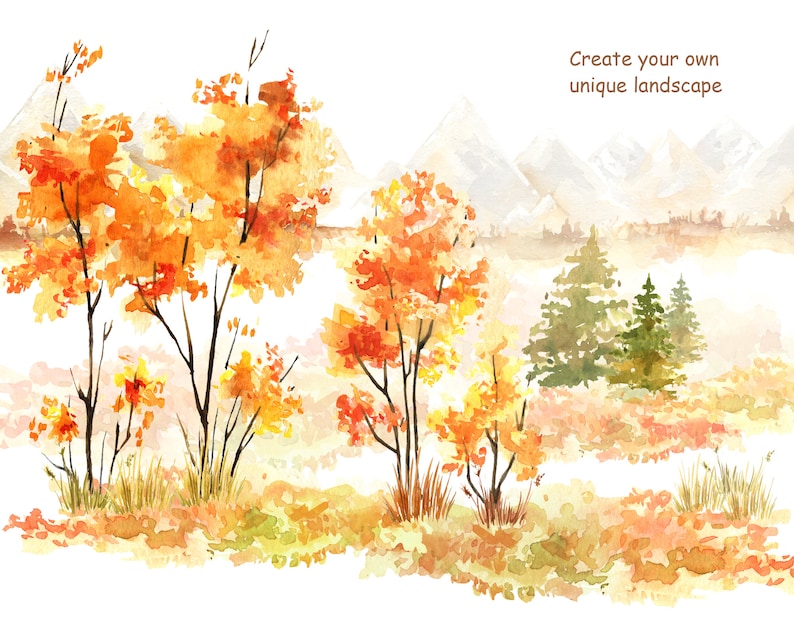 Op de afbeelding: Waterverf schilderij van een herfstlandschap met bomen, bergen en de tekst "Maak je eigen unieke landschap".