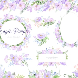 Aquarell violett Blumen Clipart, lila Frühling Blumensträuße, Ränder, Rahmen. Fliederfarbene Aquarell Blumen Vorlagen für Hochzeitseinladungen