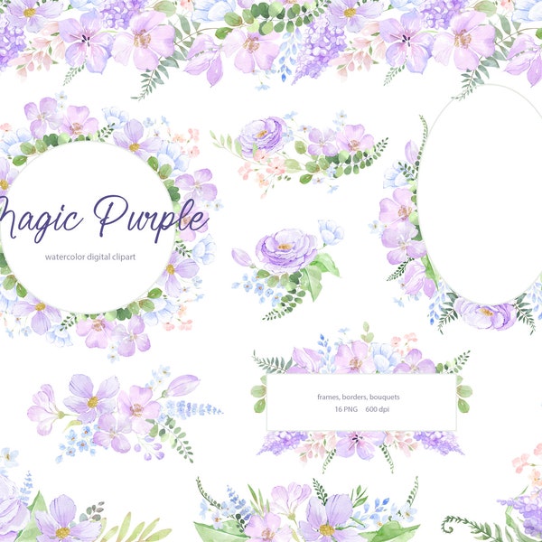 Watercolor Violet Floral Clipart, Purple Spring Floral Bouquets, borders, frames. Lilac Watercolor Floral Templates For Wedding Invitations