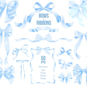 Watercolor Blue Bows and Ribbon Frames, Baby Shower Bow Clipart, Wedding Decor, Pastel Blue Bow Set, Hand Drawn Coquette Ribbon