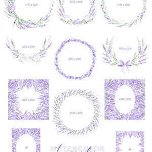 May include: Eleven watercolor frames and wreaths featuring lavender flowers in shades of purple and green. The frames are in various shapes and sizes, including circles, squares, and ovals. The text "WATERCOLOR lavender" and "digital PNG clipart" is included in the image.