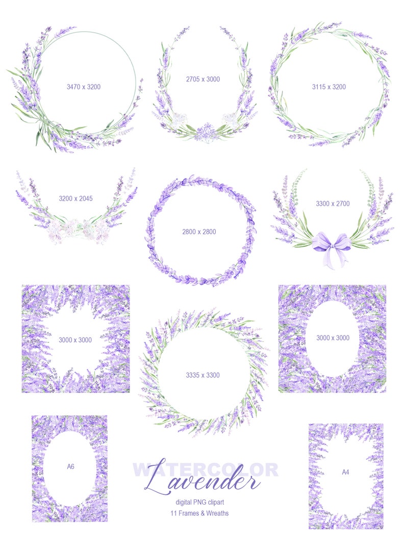 May include: Eleven watercolor frames and wreaths featuring lavender flowers in shades of purple and green. The frames are in various shapes and sizes, including circles, squares, and ovals. The text "WATERCOLOR lavender" and "digital PNG clipart" is included in the image.