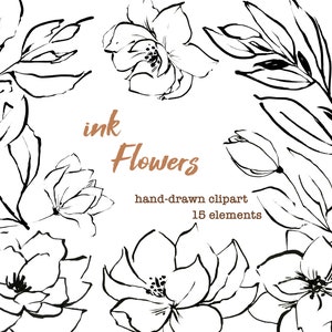 Floral Line Art clipart. Hand-Drawn Ink flowers and leaves. Black and White Floral Clipart. Floral Pen Ink Sketch. Floral Tattoo.