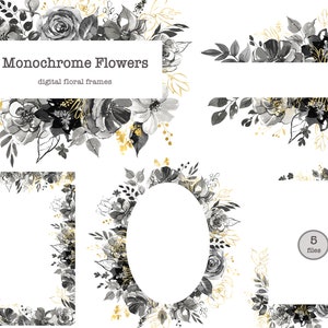 Schwarz und weiß Aquarell Blumenrahmen Clipart. Einfarbiges und goldenes Feiertagsdesign. Botanische Illustration. Florale Borte. Hochzeitsdekor