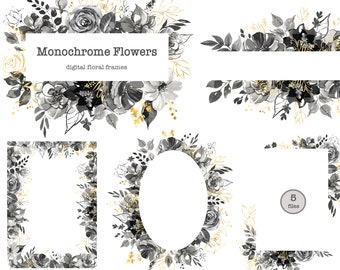 Clipart cadre floral aquarelle noir et blanc. Conception de vacances monochrome et dorée. Clipart botanique. Bordure florale. Décoration de mariage