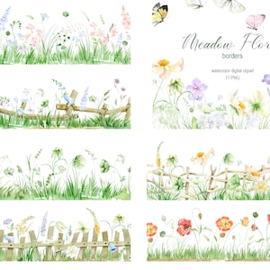 May include: A set of 11 watercolor digital clipart images of meadow floral borders. The borders feature a variety of flowers, including bluebells, daisies, poppies, and wildflowers, as well as green grass and a wooden fence. The images are perfect for adding a touch of nature to your designs.