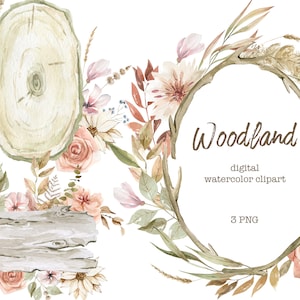 Woodslices clipart ad acquerello, cornice in legno e floreale.  Boho Wood fetta. arredamento rustico floreale. Invito a nozze Woodland