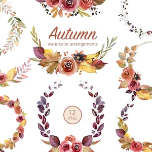 Automne aquarelle Clipart, automne cadres Clip Art, automne fleur feuilles couronnes et bouquets, automne feuillage clipart, automne mariage clipart