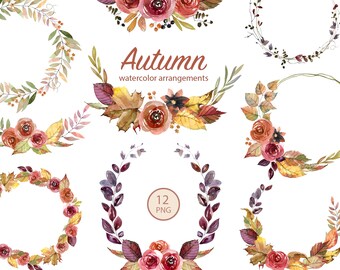 Imágenes Prediseñadas de acuarela de otoño, imágenes prediseñadas de marcos de otoño, coronas y ramos de flores de otoño, imágenes prediseñadas de follaje de otoño, imágenes prediseñadas de boda de otoño