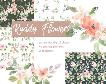 Seamless Floral Printable Papers, Watercolor Flower Background. blush flowers and leaves. floral bouquets. Pink floral digital paper.