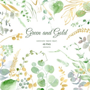 Watercolor Greenery Clipart, Green and Gold Eucalyptus clipart, Greenery Leaves Foliage Clipart PNG for wedding invitation, Forest Greenery