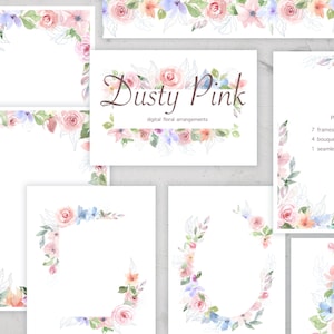 Dusty Pink Rose Clipart, Watercolor Floral frames and borders, watercolor and linear flowers, Wedding Bridal Clipart, Invitation Template