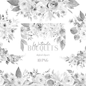 Clipart floral aquarela preto e branco, buquês florais monocromáticos, buquê floral rosa aquarela, clipart de flores botânicas