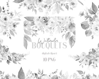Black and White Watercolor Floral Clipart, Monochrome Floral bouquets, watercolor rose floral bouquet, Botanical Flower Clipart