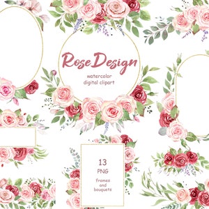 Aquarell Blush Rose Clipart, rosa Rosen Blumenrahmen Clipart. Ecke Blumenstrauß. Nahtlose florale Bordüre. Boho Rosen Hochzeit Rahmen