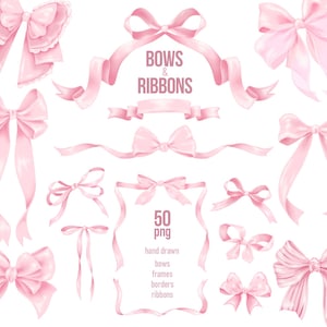 Aquarell Rosa Bogen Bänder Clipart-Set, Kokette Bogen Rahmen Png, Weiche Pastell Blush Rosa Schleife, Handgezeichnete Kokette Bandrahmen, Pastell Rosa