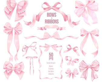 Watercolor Pink  Bow Ribbons Clipart set, Coquette Bow Frame Png, Soft Pastel Blush Pink Bow, Hand Drawn Coquette Ribbon Frames, Pastel Pink