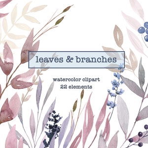 Watercolor clipart, dusty colored grass and leaves, hand drawn herbs leaves branches, wild flowers, wedding clipart, spring plants