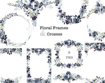 Watercolor floral frames with Cross. Floral Religious Cross clipart. Easter Cross decor. printable Floral Cross Clip art.  Floral border