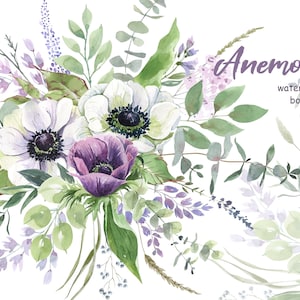 Wedding watercolor bouquet. Anemone and Eucalyptus. Purple flowers. Green eucalyptus bouquet. Botanical clipart. Floral watercolor bouquet