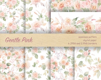 Carta digitale floreale rosa pastello dell'acquerello, modello senza cuciture Boho, sfondo digitale floreale, sfondo astratto di rose rosa matrimonio