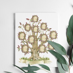 May include: A watercolour illustration of a brown tree with leaves in shades of green, purple, and brown. The tree has 10 circular spaces for photos, ideal for a family tree.
