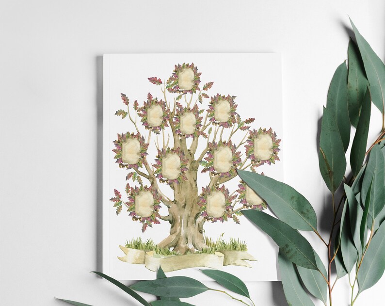 May include: A watercolour illustration of a brown tree with leaves in shades of green, purple, and brown. The tree has 10 circular spaces for photos, ideal for a family tree.
