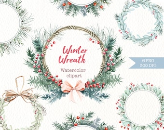 Christmas wreath clipart. Watercolor winter wreath. Watercolor pine wreath. Christmas digital frame. Holiday Clip Art. Festive garland