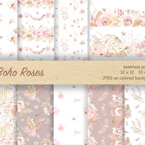 Papel digital floral Boho em aquarela, papéis de scrapbook, padrões sem costura, fundo Boho em aquarela, download digital, padrão de rosas Boho
