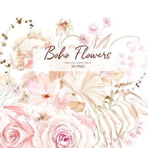 Clipart floral aquarelle rose poudré bohème, fleurs aquarelles neutres, fleur rose clair, feuille séchée bohème, fleurs sauvages, clipart floral