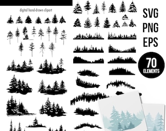 Forest landscape svg, Evergreen trees png eps, Tree Line, Fir tree stencil, Forest svg bundle, Hand drawn tree silhouette. Instant Download