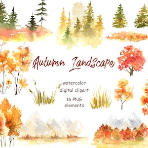Forest tree Watercolor Clipart, Fall Forest Clipart. Autumn landscape watercolor clipart, Mountain clipart, fall background. planner clipart