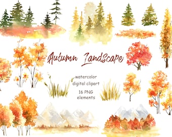 Forest tree Watercolor Clipart, Fall Forest Clipart. Autumn landscape watercolor clipart, Mountain clipart, fall background. planner clipart