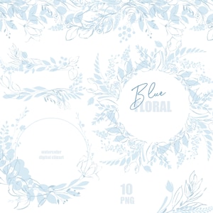 Clipart de buquês florais boho azul linear e bordas, flor aquarela PNG, guirlandas florais de primavera azul, clipart de chá de bebê de flores silvestres