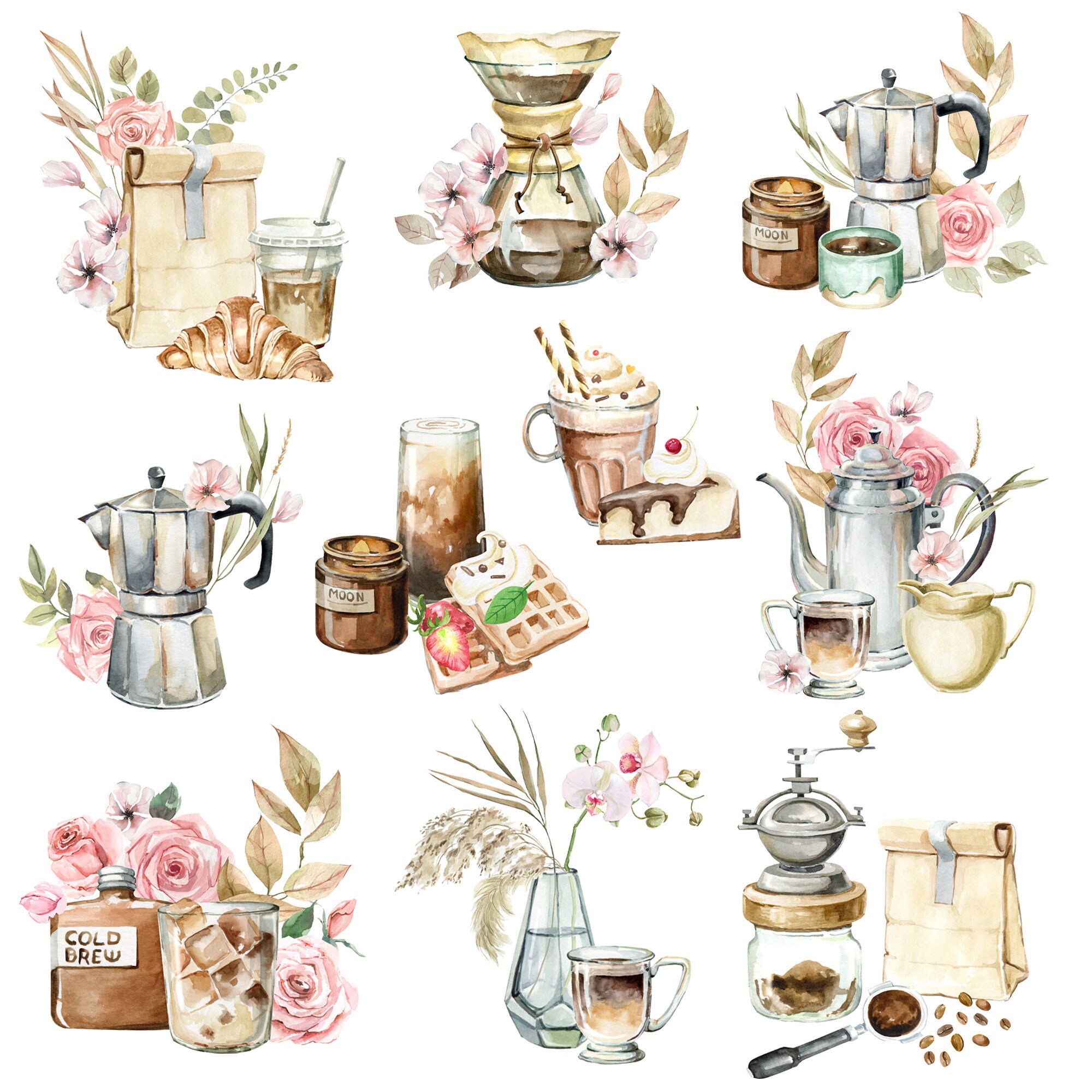 Watercolor Coffee Drinks Clipart, Clip Art for Cafe Menu, Kitchen Decor ...