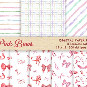 Pakiet cyfrowego papieru akwarelowego Romance. Różowe kokardy i wstążki akwarelowe. Do pamiętnika, scrapbookingu, pocztówek, plakatów. Wzorzyste tła
