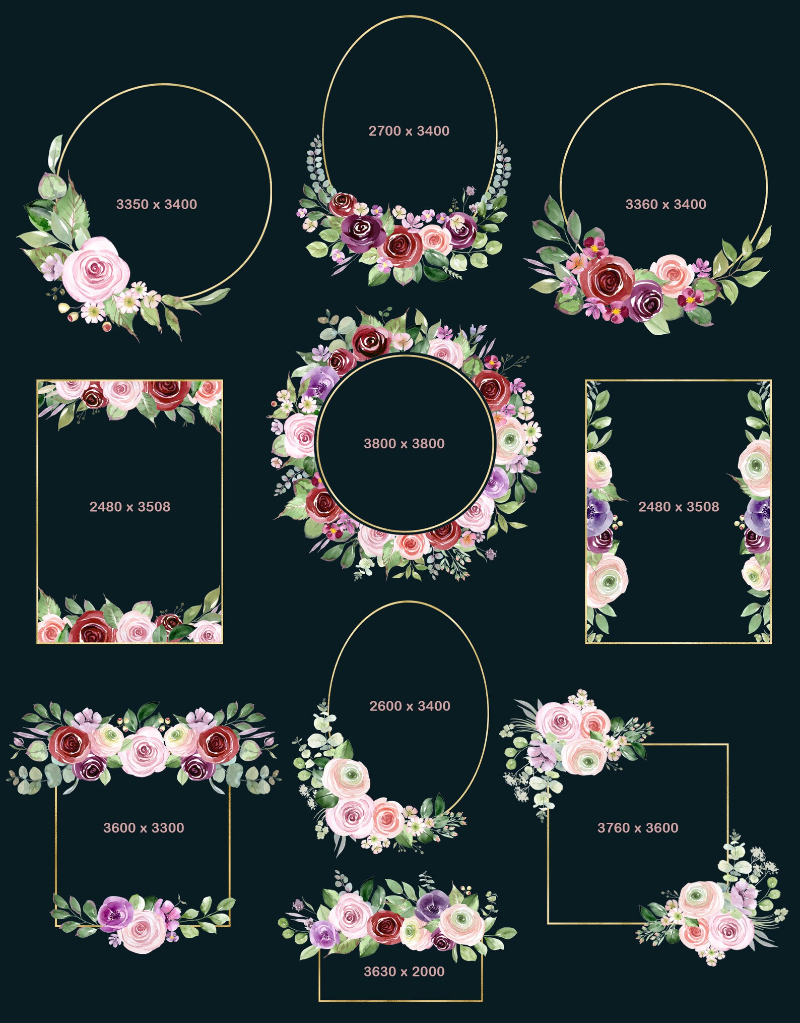 Watercolor Roses Wreath PNG. Frames of Roses and Golden Geometric ...