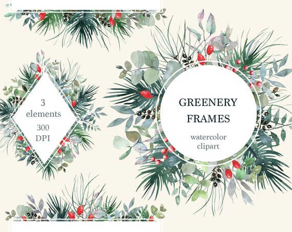 Watercolor christmas clip art, winter floral frame, greenery christmas wreath, borders clipart, geometric greenery frame, pine clipart