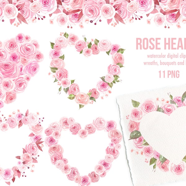 Watercolor floral heart wreath, Pink flowers botanical frames, Pink blush dusty rose, Wedding PNG, Floral digital bouquets wreath border