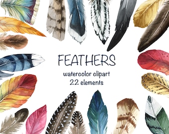 Watercolor Feather Clipart. Hand painted Boho style Feathers. Exotic Boho Set, Digital clip art. Scrapbooking set. Wedding invitation.