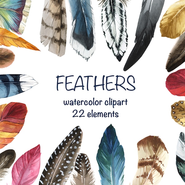 Watercolor Feather Clipart. Hand painted Boho style Feathers. Exotic Boho Set, Digital clip art. Scrapbooking set. Wedding invitation.